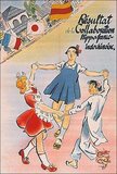 Three happy dancing children, one French, one Vietnamese and one Japanese in this Vichy-Japanese propaganda poster from World War II. French, Japanese and French Indochina flags flutter in the background.<br/><br/>

In September 1940, during World War II, the newly created regime of Vichy France granted Japan's demands for military access to Tonkin with the invasion of French Indochina (or Vietnam Expedition). This allowed Japan better access to China in the Second Sino-Japanese War against the forces of Chiang Kai-shek, but it was also part of Japan's strategy for dominion over the Greater East Asia Co-Prosperity Sphere.<br/><br/>

On 9 March 1945, with France liberated, Germany in retreat, and the United States ascendant in the Pacific, Japan decided to take complete control of Indochina. The Japanese launched the Second French Indochina Campaign. The Japanese kept power in Indochina until the news of their government's surrender came through in August.